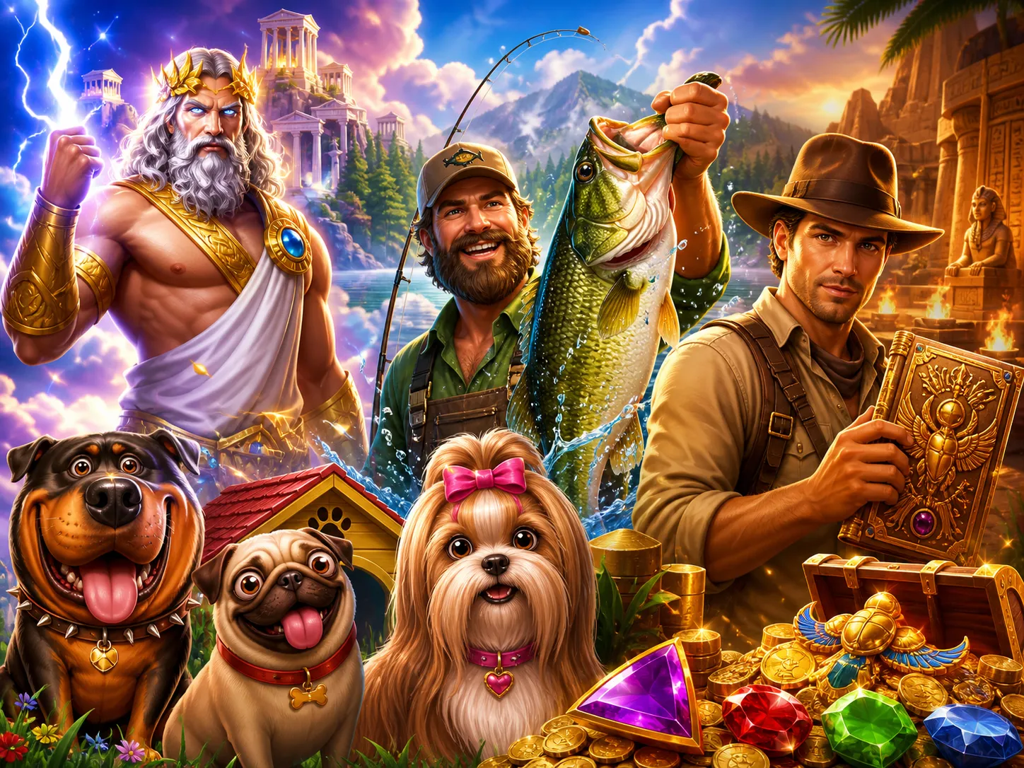 High-quality illustration of slot game characters in a vibrant fantasy world.