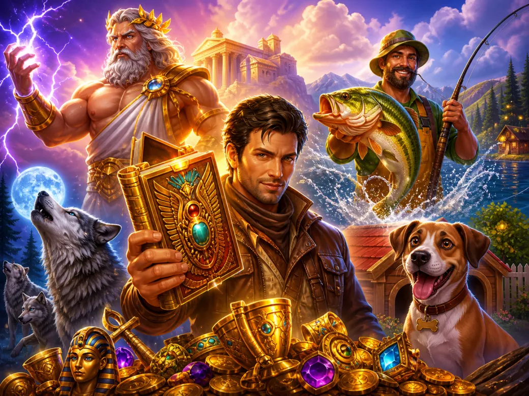 Artwork depicting characters and themes from various slot games available at NV Casino in a vibrant, fantasy-inspired setting